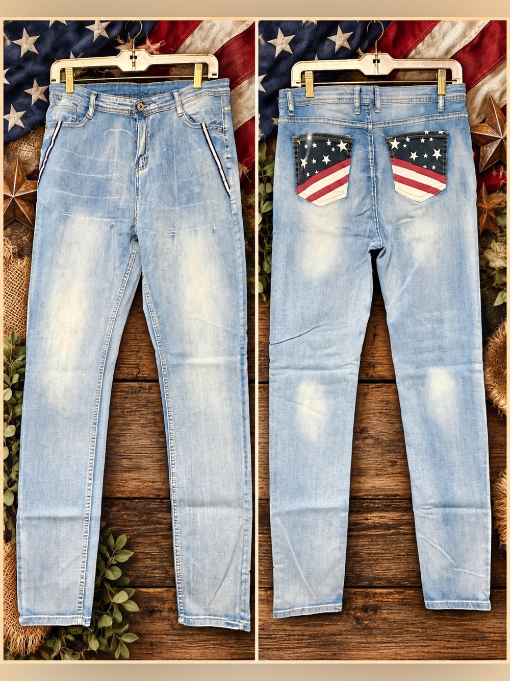 🇺🇸 Women’s Light Wash American Flag Pocket Jeans – Size (L)